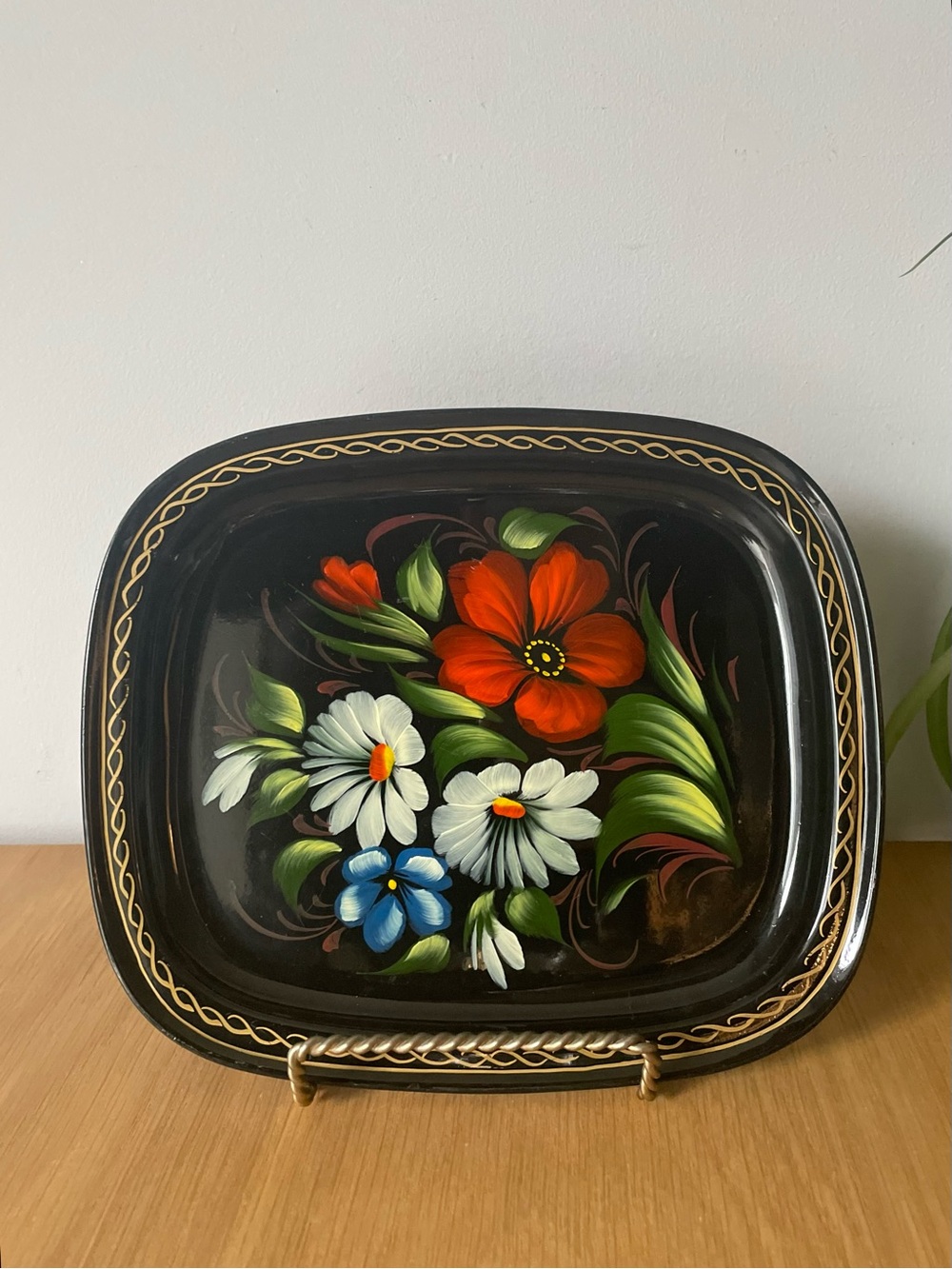 Vintage Zhostovo Hand Painted Floral Metal Tray USSR Soviet Folk Art